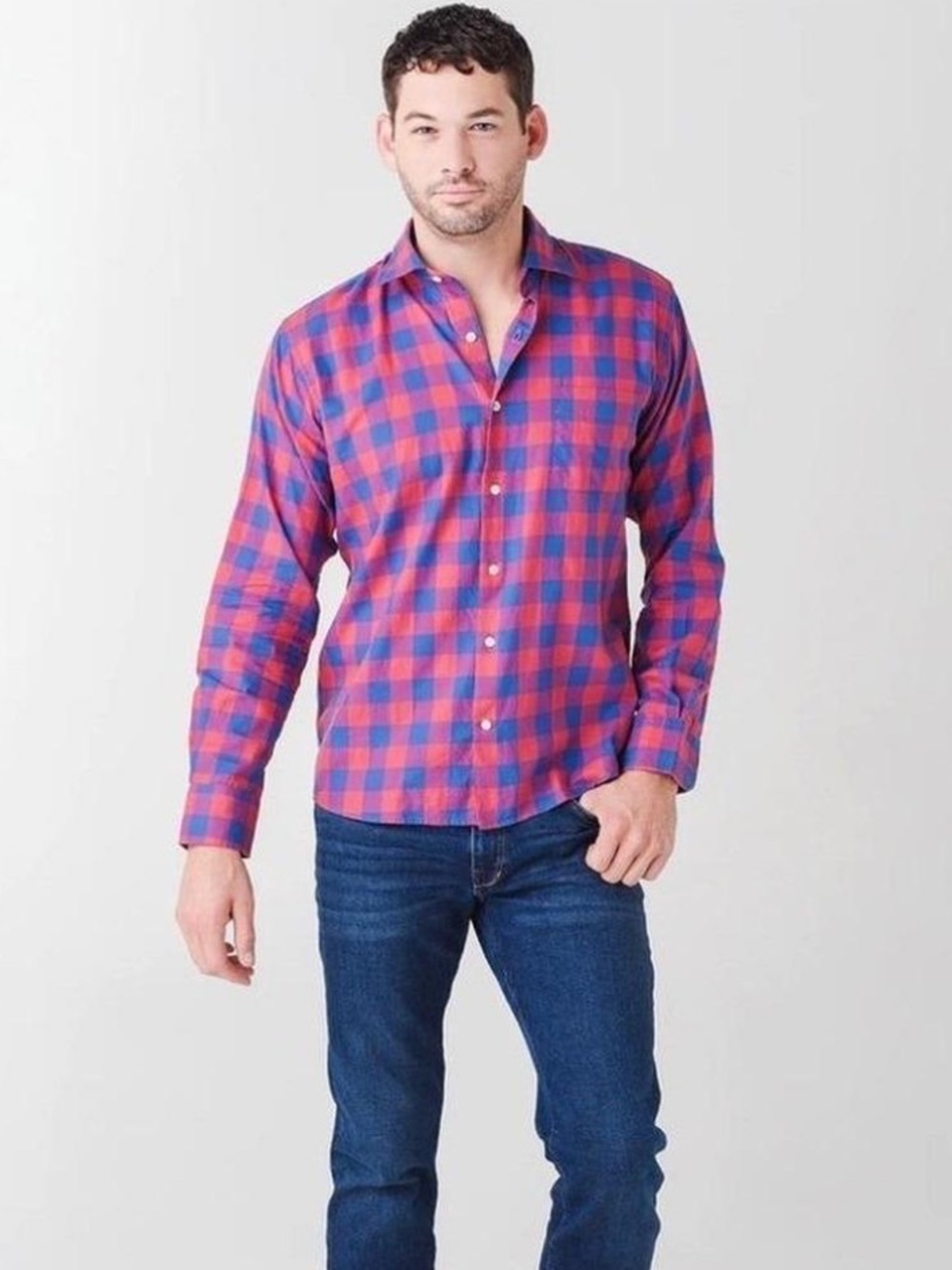 Men's Peter Millar Blue & Red Plaid Button-Down Shirt, XL